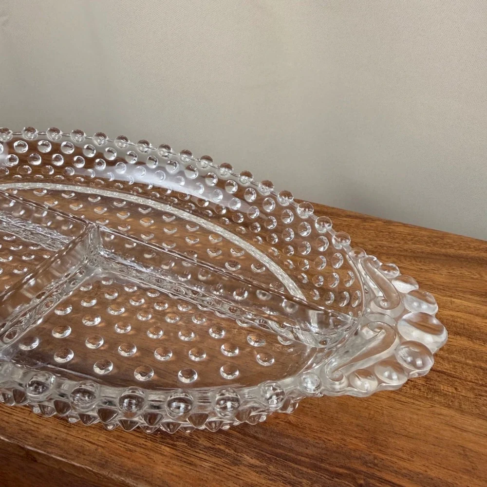 Vintage Duncan Miller Clear Hobnail Glass Divided Relish Dish Serving Tray